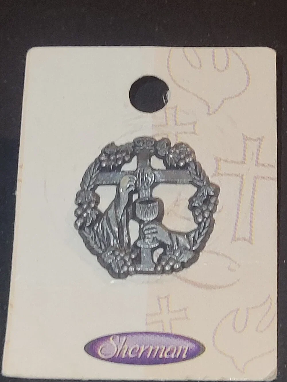 Vintage Sherman Motif Pewter First Holy Communion Lapel Pin with Original Card